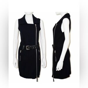 Faith Connexion: Black knit side zip sleeveless belted moto vest dress